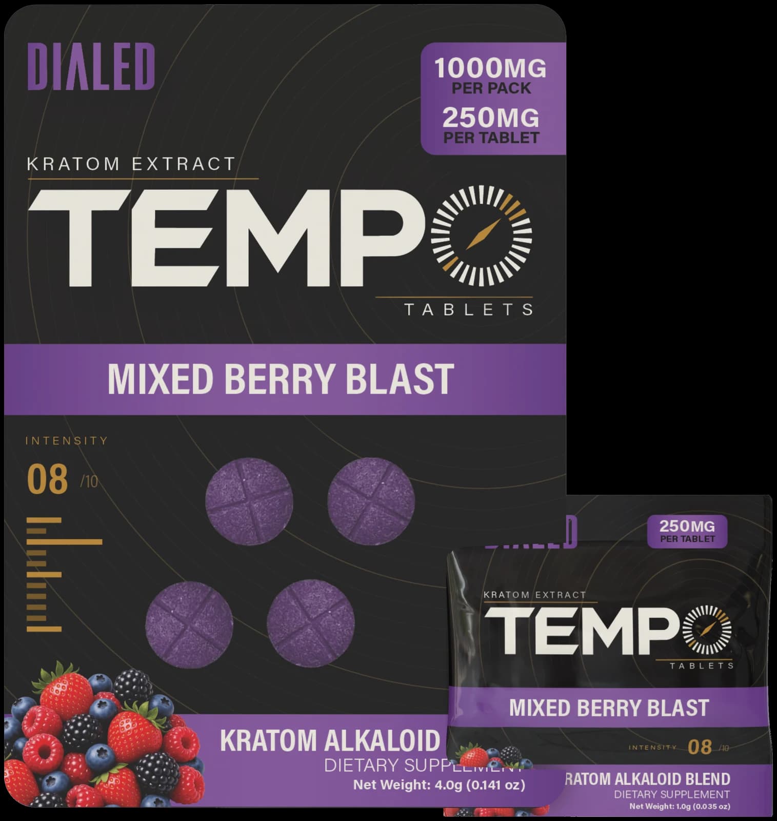 Dialed Tempo kratom extract tablets — Mixed Berry Blast 4ct blister and 1ct sachet