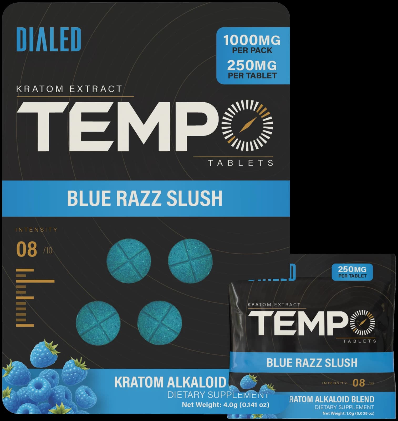 Dialed Tempo kratom extract tablets — Blue Razz Slush 4ct blister and 1ct sachet