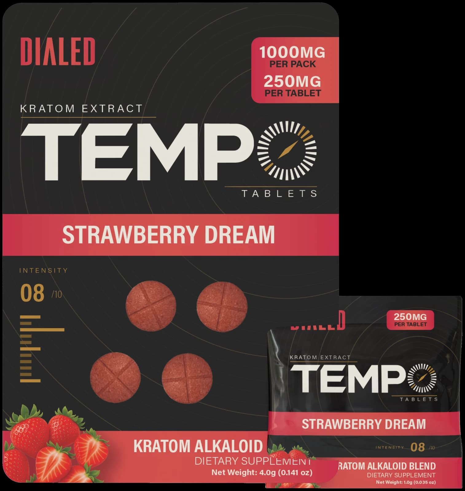 Dialed Tempo kratom extract tablets — Strawberry Dream 4ct blister and 1ct sachet