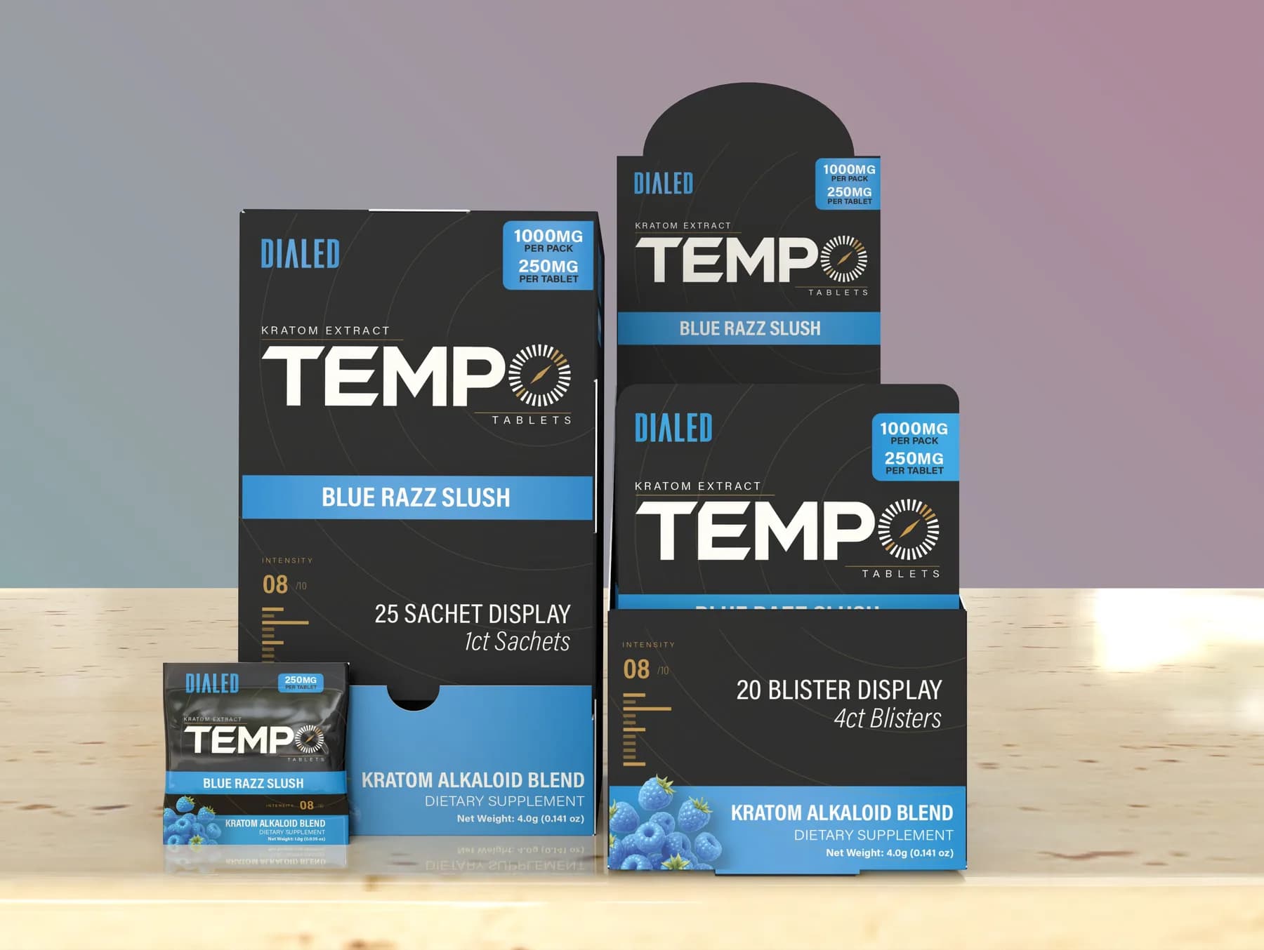 Dialed Tempo Blue Razz Slush retail display boxes — 25 sachet display and 20 blister display